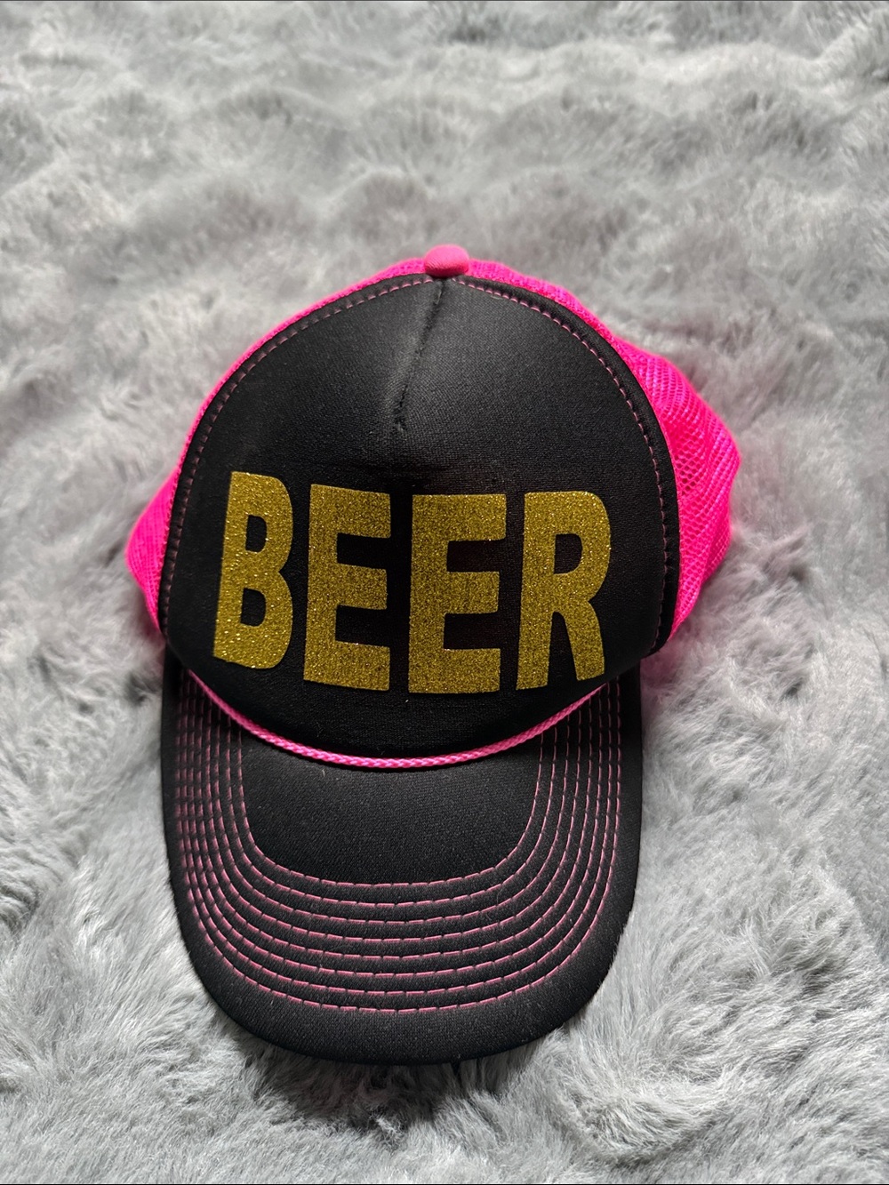 OTTO Pink and Black Trucker Hat with Gold 'BEER' Glitter